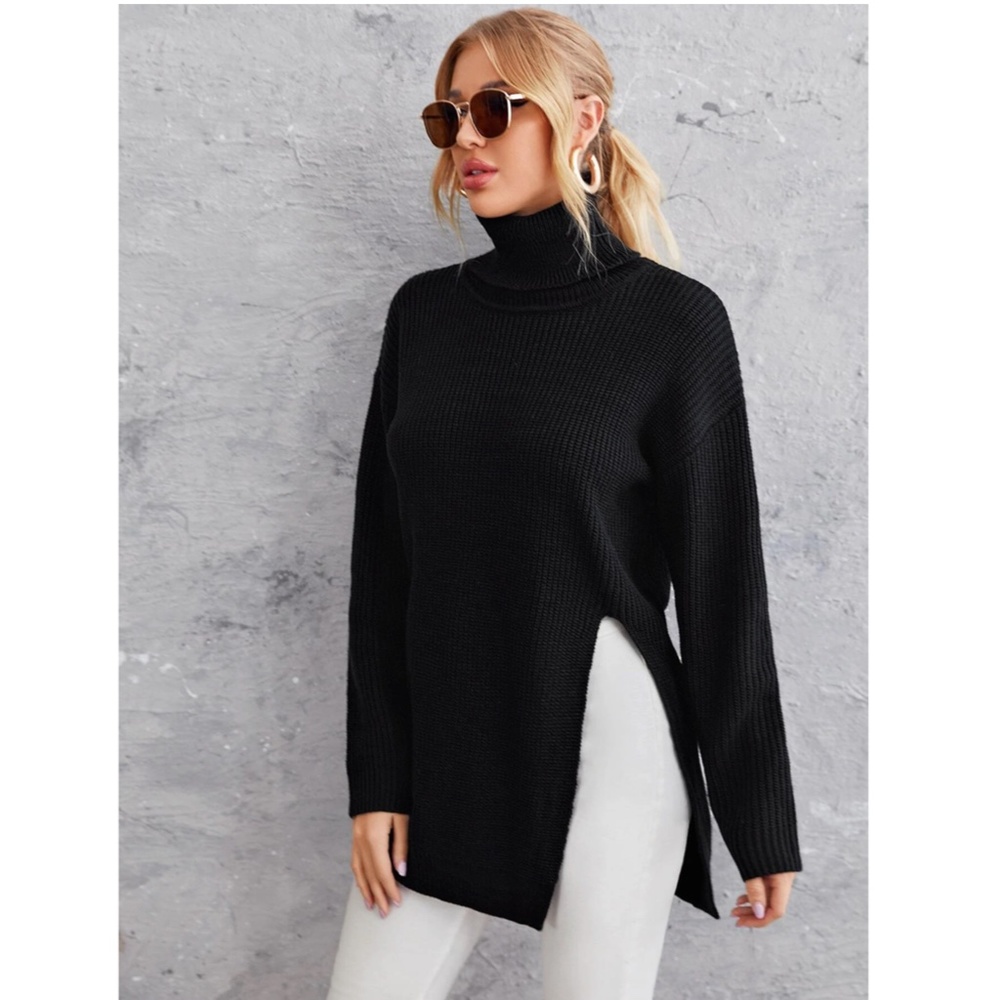 Black Cable Knit Long Turtleneck Sweater Side Cut, Slit Long Sleeves - Picture 4 of 7